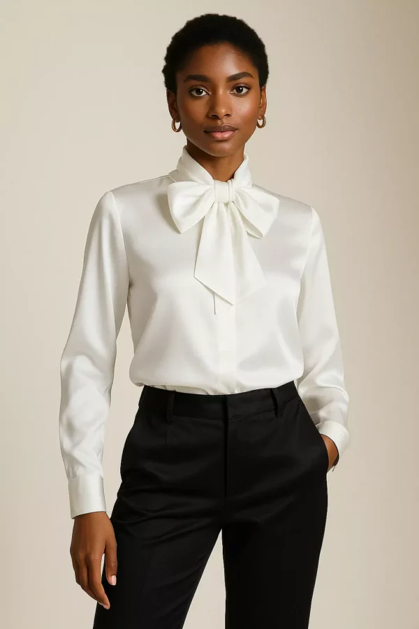 Camicia bianca elegante in raso di 100% seta – raffinata, femminile e luminosa